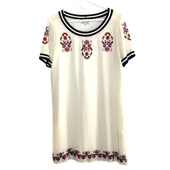 Rebecca Minkoff Size 6 Floral Embroidered Cream Silk Short Sleeve Shift Dress - Picture 4 of 16